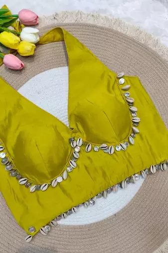Lime green rayon silk blend navratri halter neck blouse