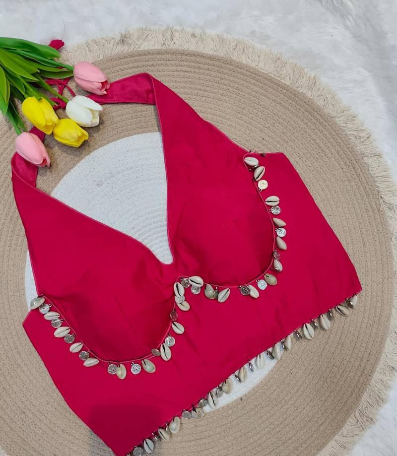 Rani pink rayon silk blend navratri halter neck blouse