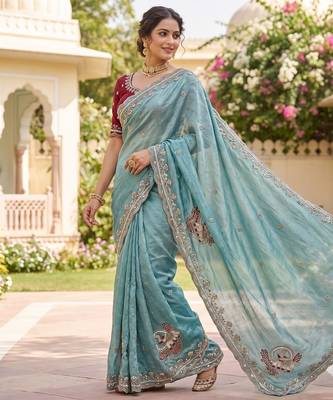 Sky Blue Color Beads And Embroidery Work Satin Saree 1