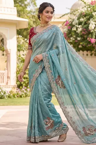 Sky Blue Color Beads And Embroidery Work Satin Saree