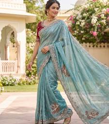 Sky Blue Color Beads And Embroidery Work Satin Saree