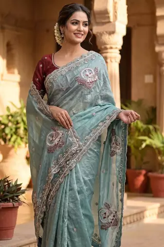 Sky Blue Color Beads And Embroidery Work Satin Saree