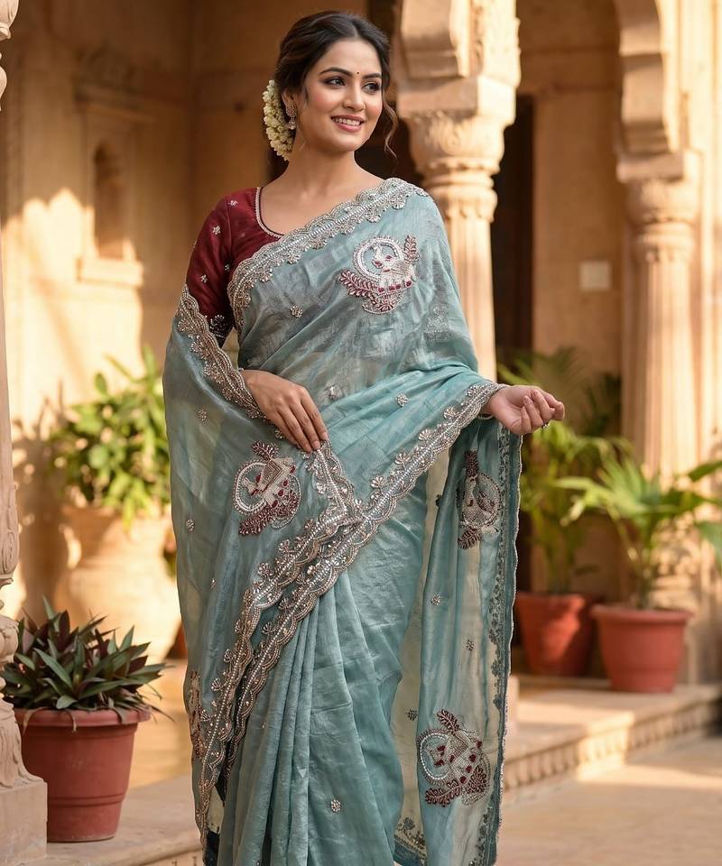 Sky Blue Color Beads And Embroidery Work Satin Saree