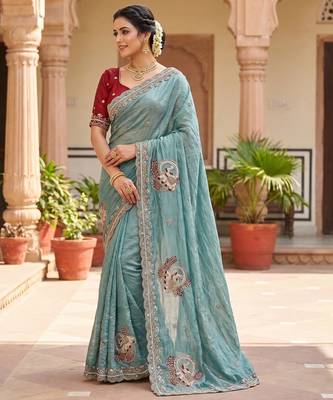 Sky Blue Color Beads And Embroidery Work Satin Saree 3