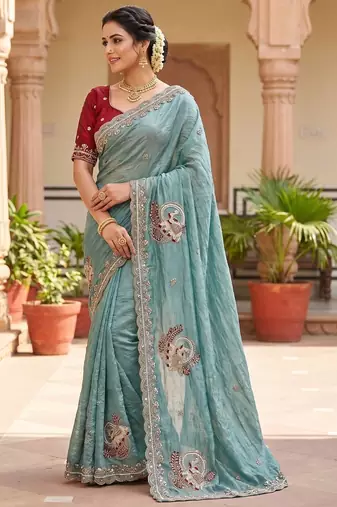 Sky Blue Color Beads And Embroidery Work Satin Saree