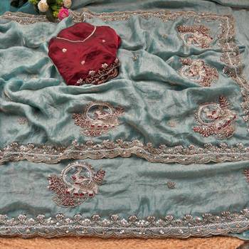 Sky Blue Color Beads And Embroidery Work Satin Saree 4