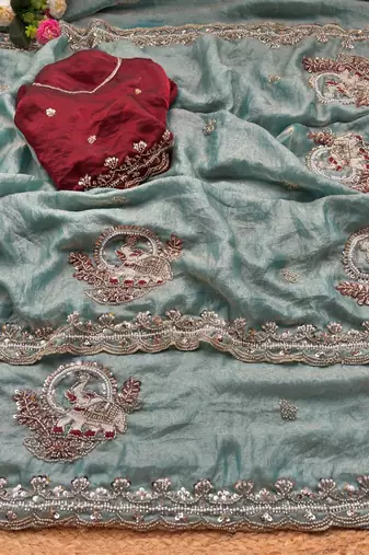 Sky Blue Color Beads And Embroidery Work Satin Saree