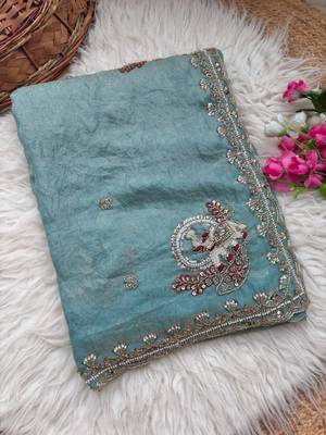 Sky Blue Color Beads And Embroidery Work Satin Saree 5