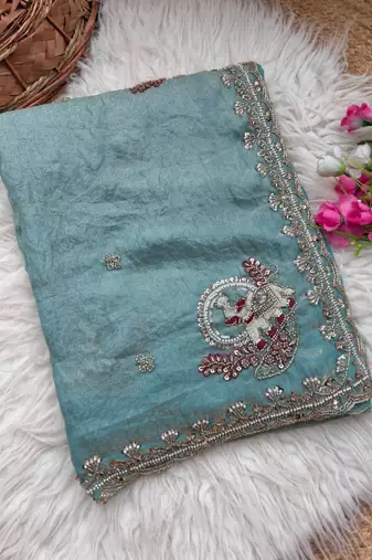 Sky Blue Color Beads And Embroidery Work Satin Saree