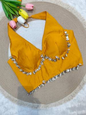 Yellow rayon silk blend navratri halter neck blouse 1