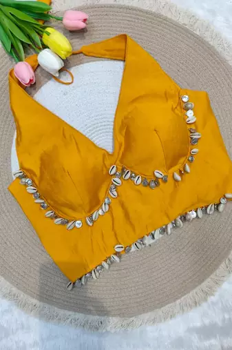 Yellow rayon silk blend navratri halter neck blouse