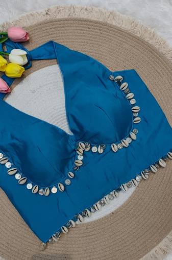 Blue rayon silk blend navratri halter neck blouse