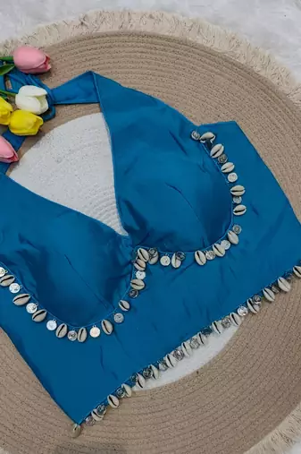 Blue rayon silk blend navratri halter neck blouse