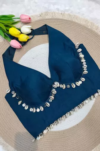 Navy blue rayon silk blend navratri halter neck blouse