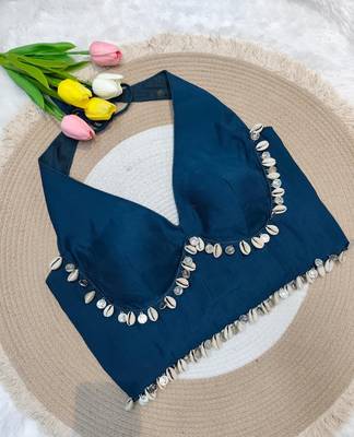 Navy blue rayon silk blend navratri halter neck blouse 2