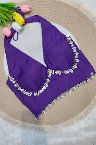 Purple rayon silk blend navratri halter neck blouse