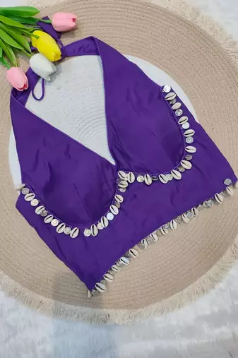 Purple rayon silk blend navratri halter neck blouse