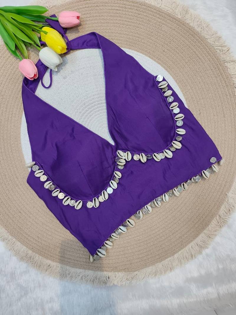 Purple rayon silk blend navratri halter neck blouse