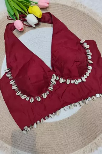 Wine rayon silk blend navratri halter neck blouse