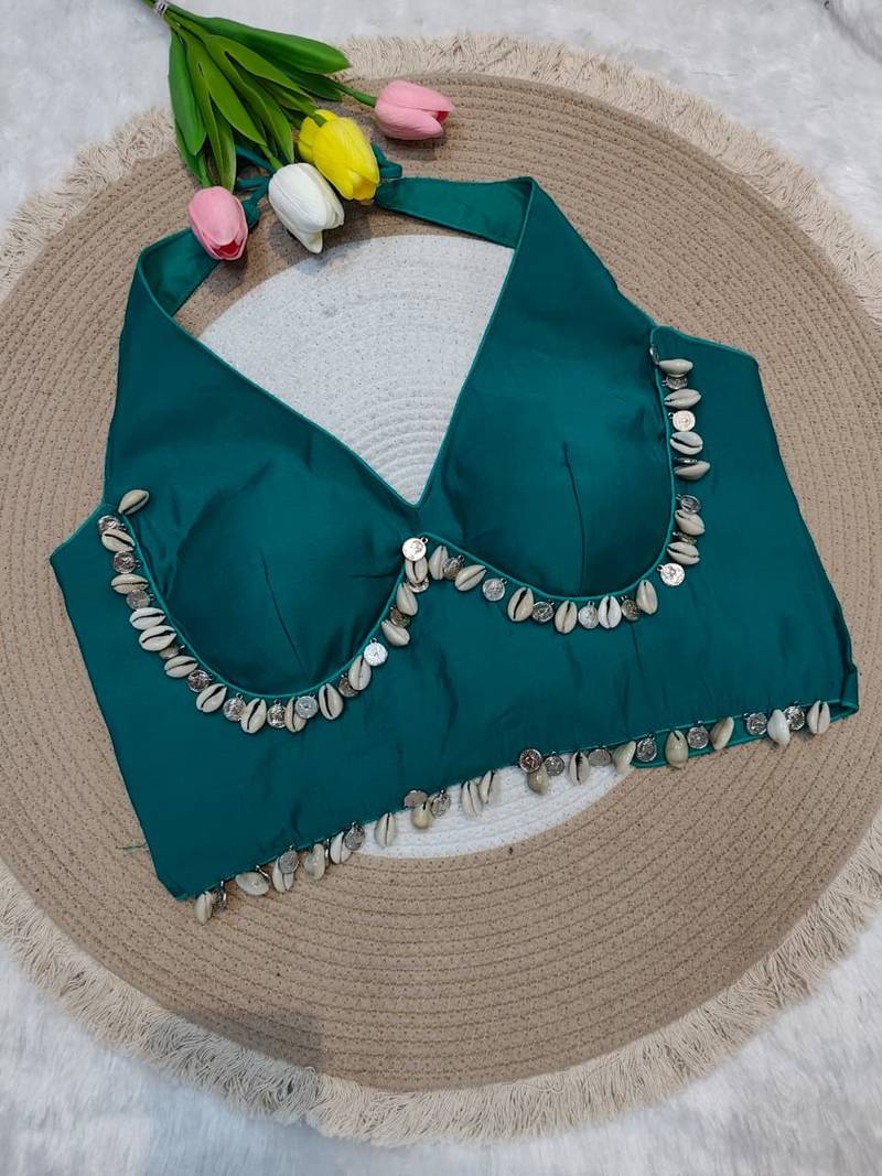 Teal green rayon silk blend navratri halter neck blouse