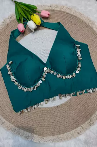 Teal green rayon silk blend navratri halter neck blouse