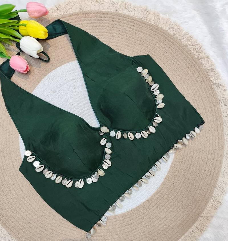 Green rayon silk blend navratri halter neck blouse