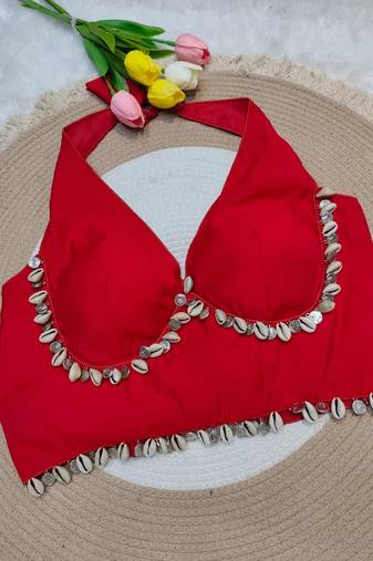 Red rayon silk blend navratri halter neck blouse