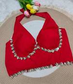 Red rayon silk blend navratri halter neck blouse