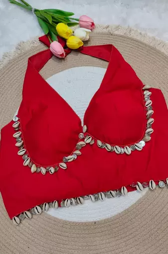 Red rayon silk blend navratri halter neck blouse