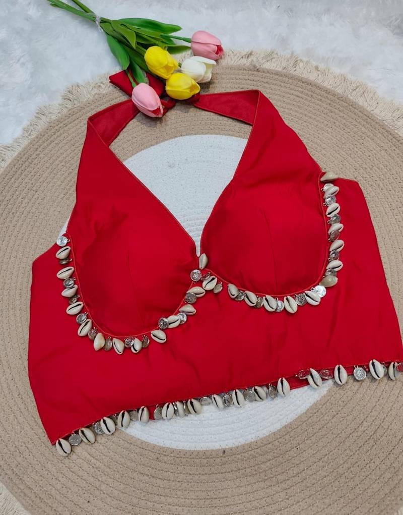 Red rayon silk blend navratri halter neck blouse