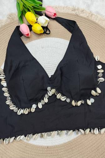 Black rayon silk blend navratri halter neck blouse
