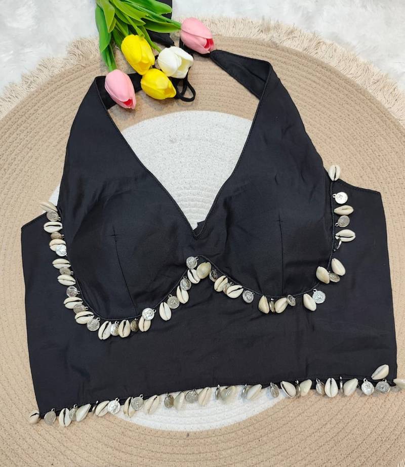 Black rayon silk blend navratri halter neck blouse
