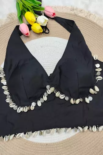 Black rayon silk blend navratri halter neck blouse