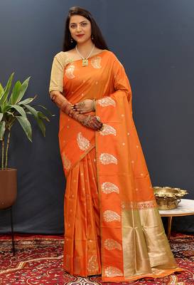 Orange silk blend banarasi saree with golden zari buti and border 1