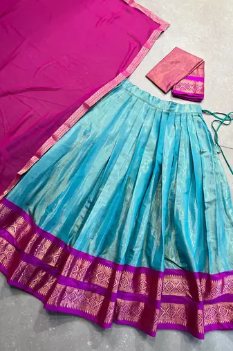 Purple and Blue Kanchipuram Silk Zari Woven Lehenga