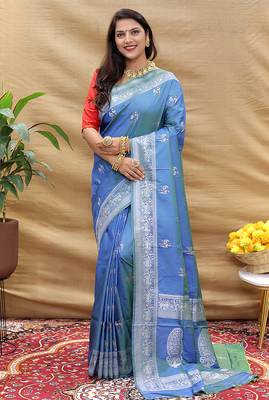 Blue silk blend banarasi saree with silver zari border and peacock pallu 1