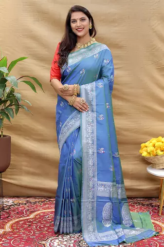 Blue silk blend banarasi saree with silver zari border and peacock pallu
