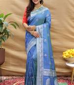 Blue silk blend banarasi saree with silver zari border and peacock pallu