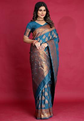 Teal blue banarasi silk blend saree with copper zari weave 4