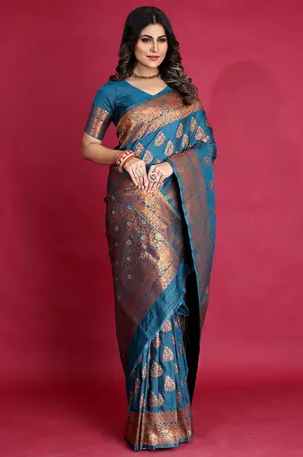 Teal blue banarasi silk blend saree with copper zari weave