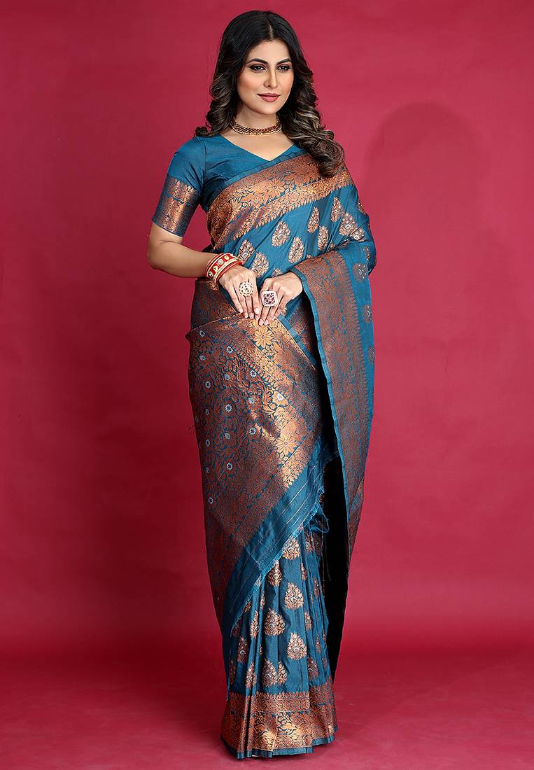 Teal blue banarasi silk blend saree with copper zari weave