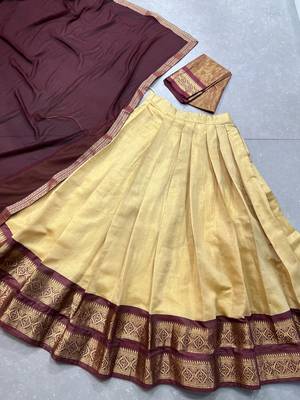 Cream and Brown Kanchipuram Silk  Zari Work Lehenga Choli  7