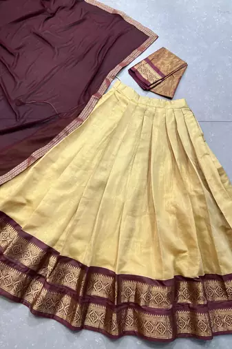 Cream and Brown Kanchipuram Silk  Zari Work Lehenga Choli 
