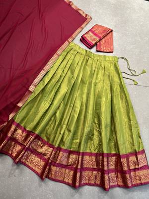 Parrot Green Kanchipuram Silk Zari Woven Lehenga with Pink Zari Blouse and Lace Georgette Dupatta 7