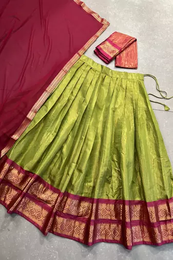 Parrot Green Kanchipuram Silk Zari Woven Lehenga with Pink Zari Blouse and Lace Georgette Dupatta