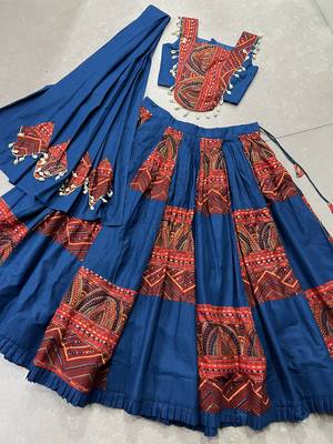 blue printed foil work cotton navratri lehenga choli set 8