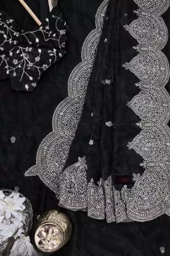 Black Color embroidery And sequence work Chiffon Saree