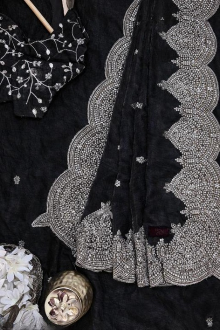 Black Color embroidery And sequence work Chiffon Saree