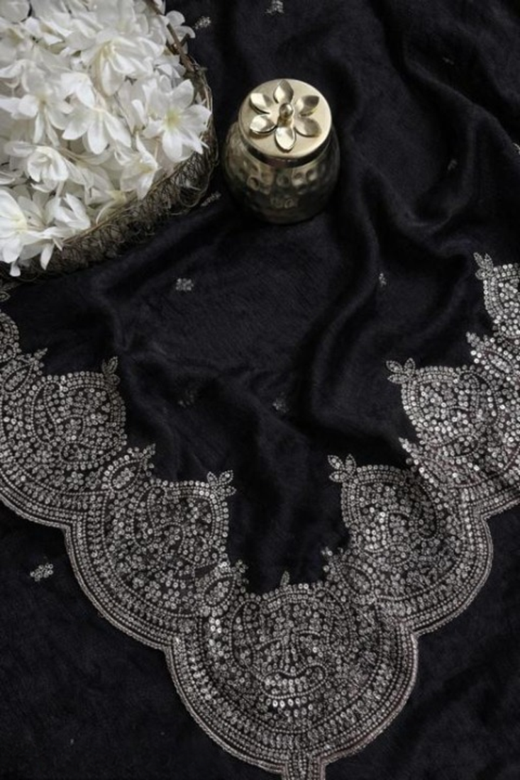 Black Color embroidery And sequence work Chiffon Saree