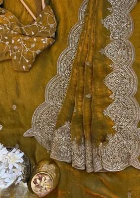 Mustard Color embroidery And sequence work Chiffon Saree 2